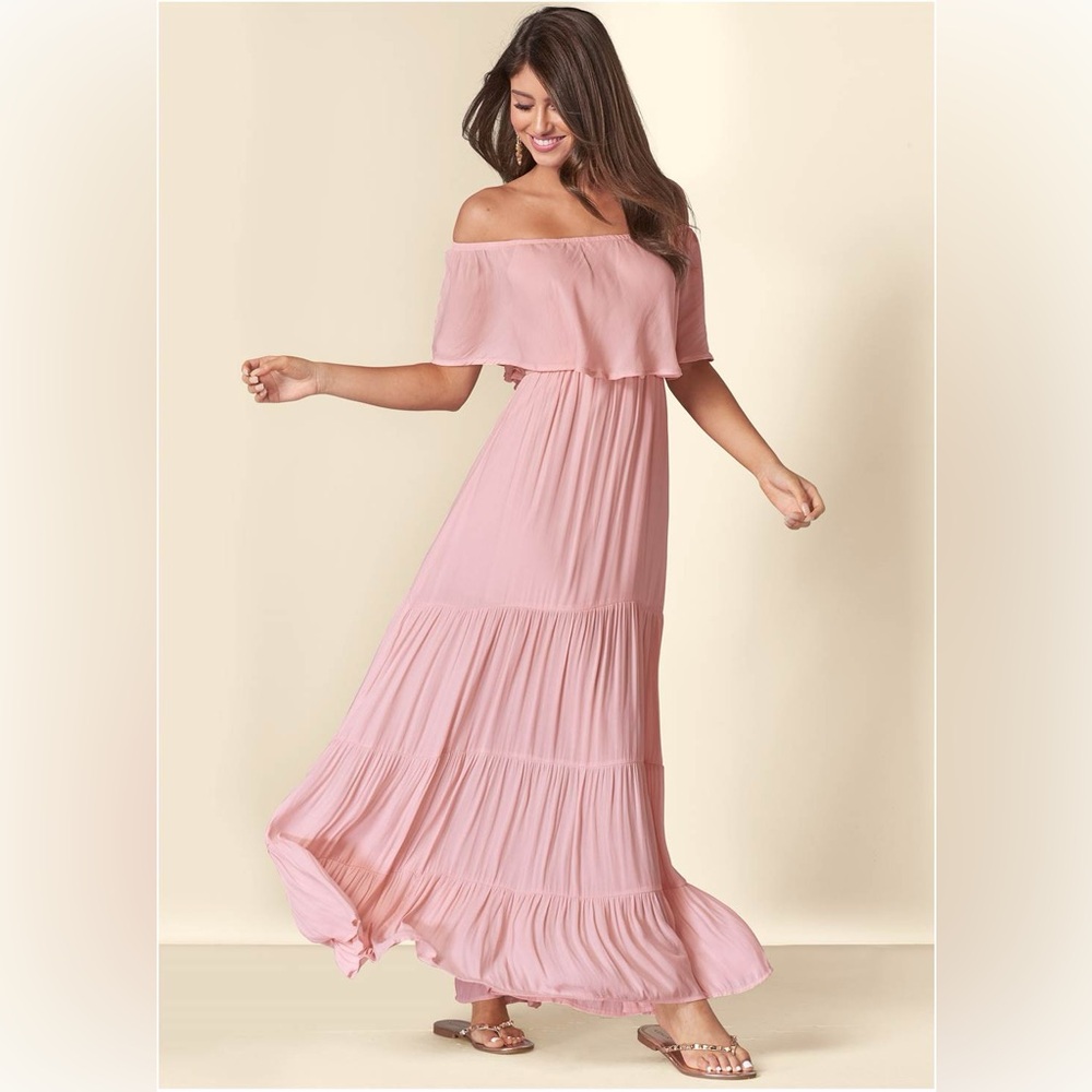 VENUS Blush Pink Off-Shoulder Tiered Maxi Dress